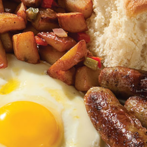 Eggs, bacon and sausage from our Classic 2-Egg Combos on the breakfast menu